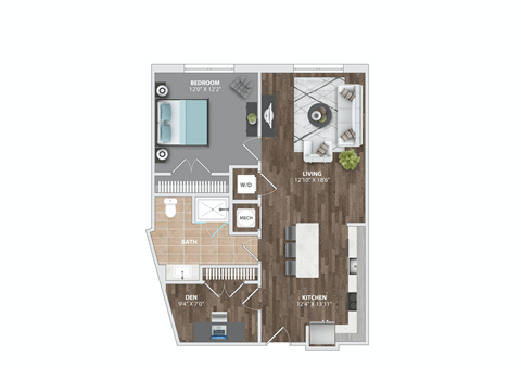 Floor plan for 1 bed, 1 bath, 843 sqft